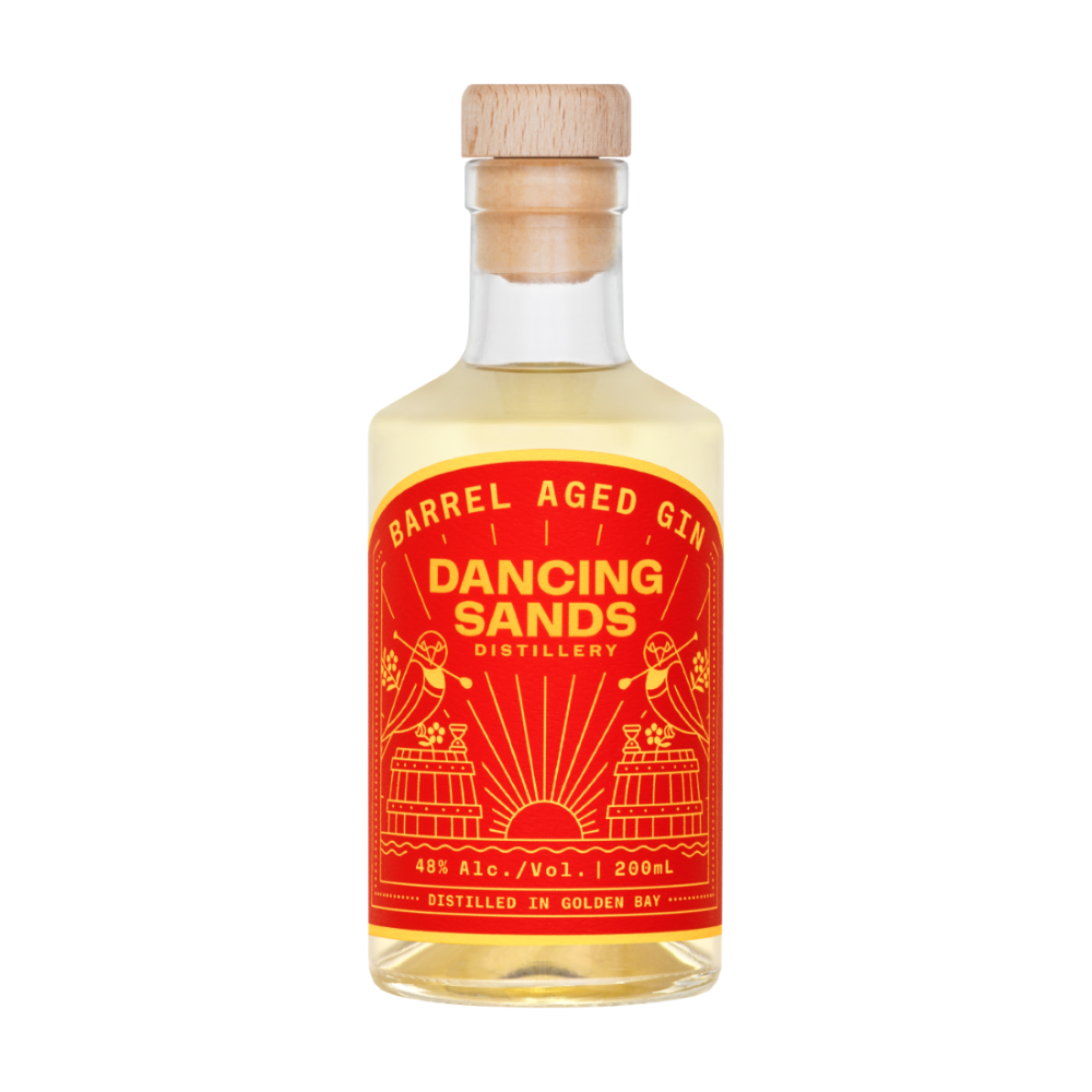 Bottle of Dancing Sands Barrel Aged Gin on a white background