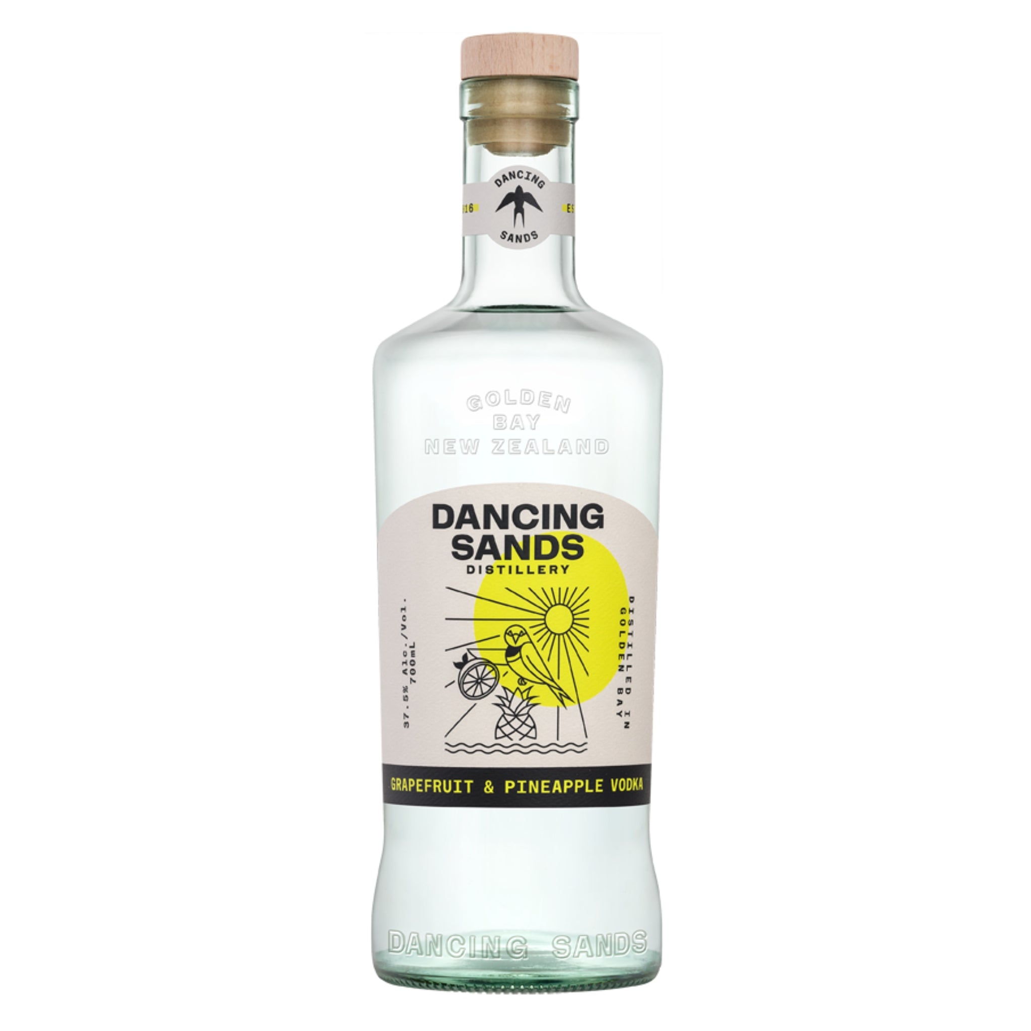 Bottle of Dancing Sands Grapefruit and Pineapple vodka on a white background