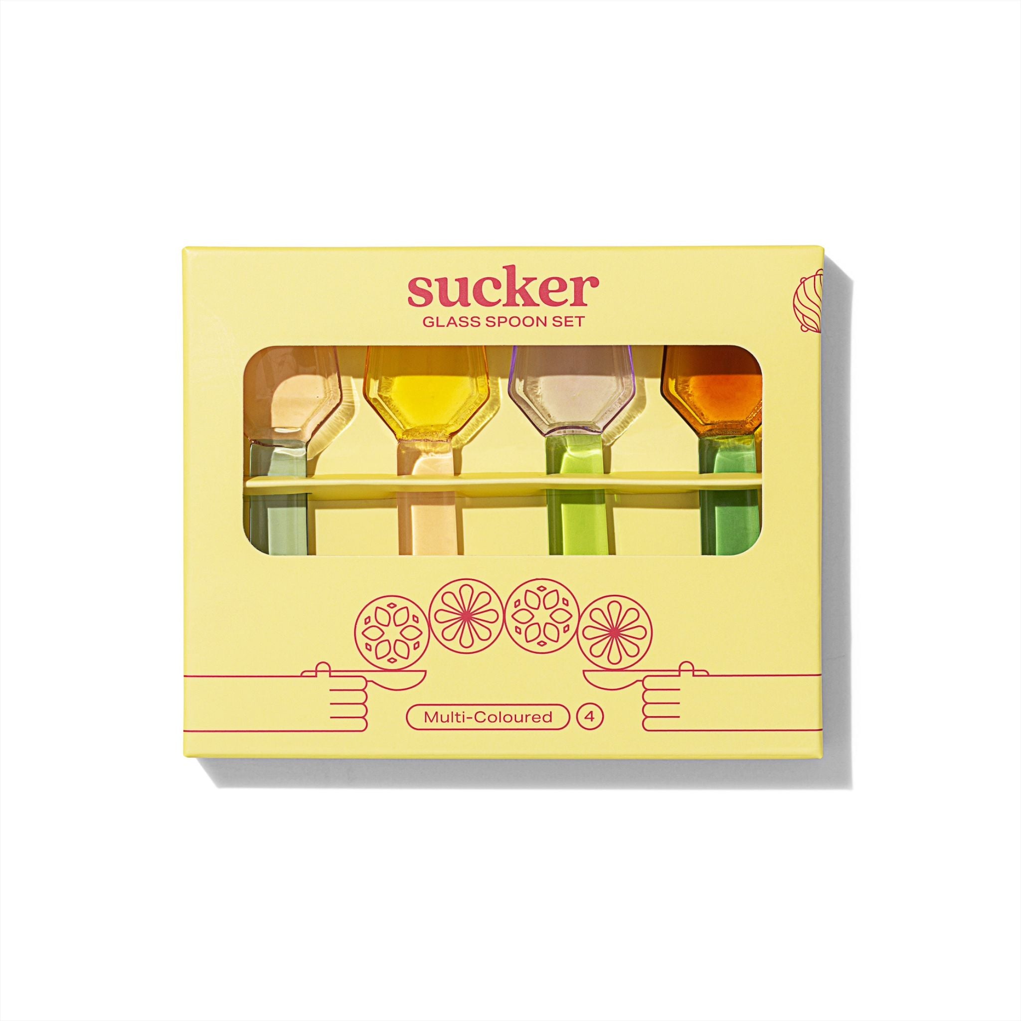 Packaged glass spoon set with 'sucker' branding on a white background