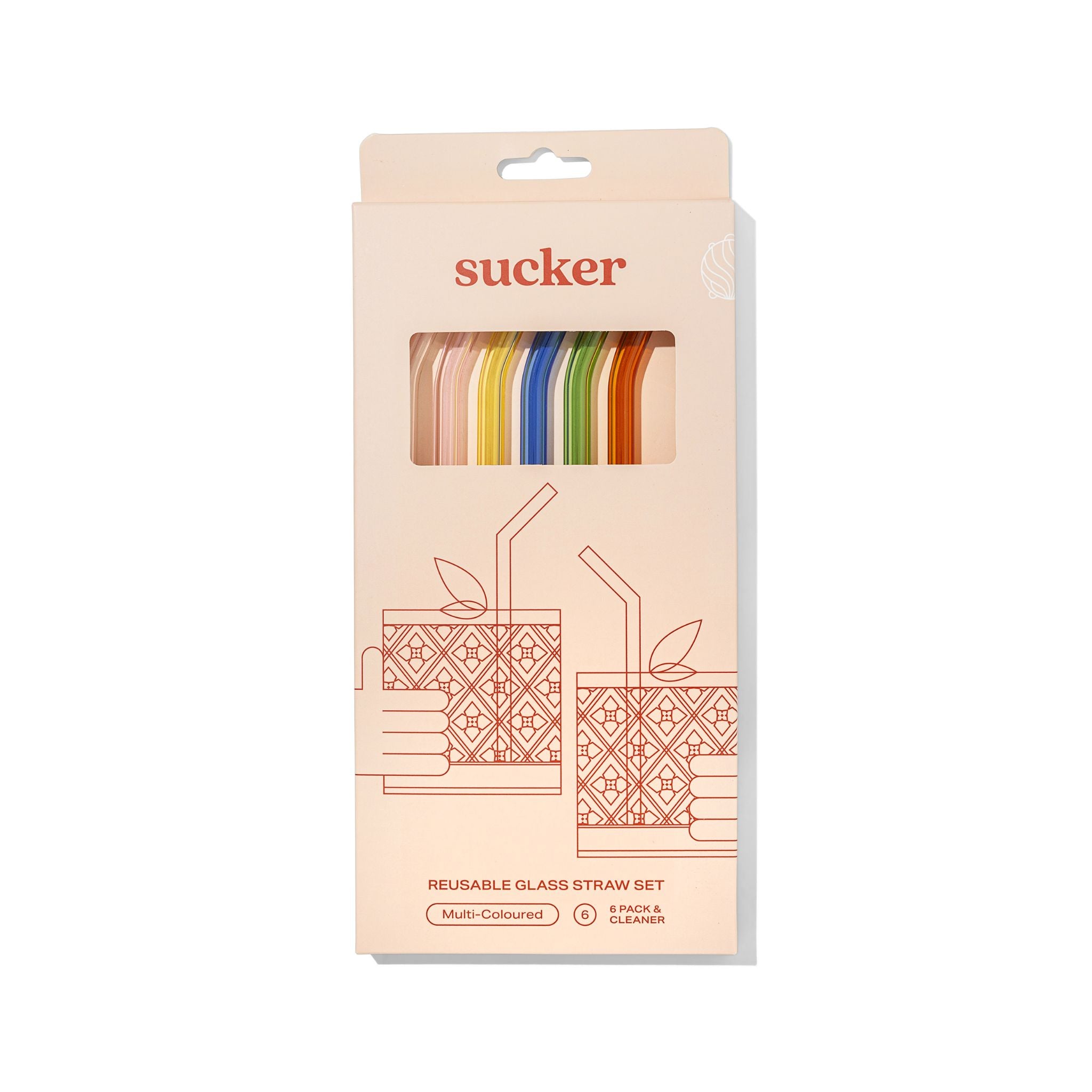 Packaging of reusable glass straws with 'sucker' branding on a white background