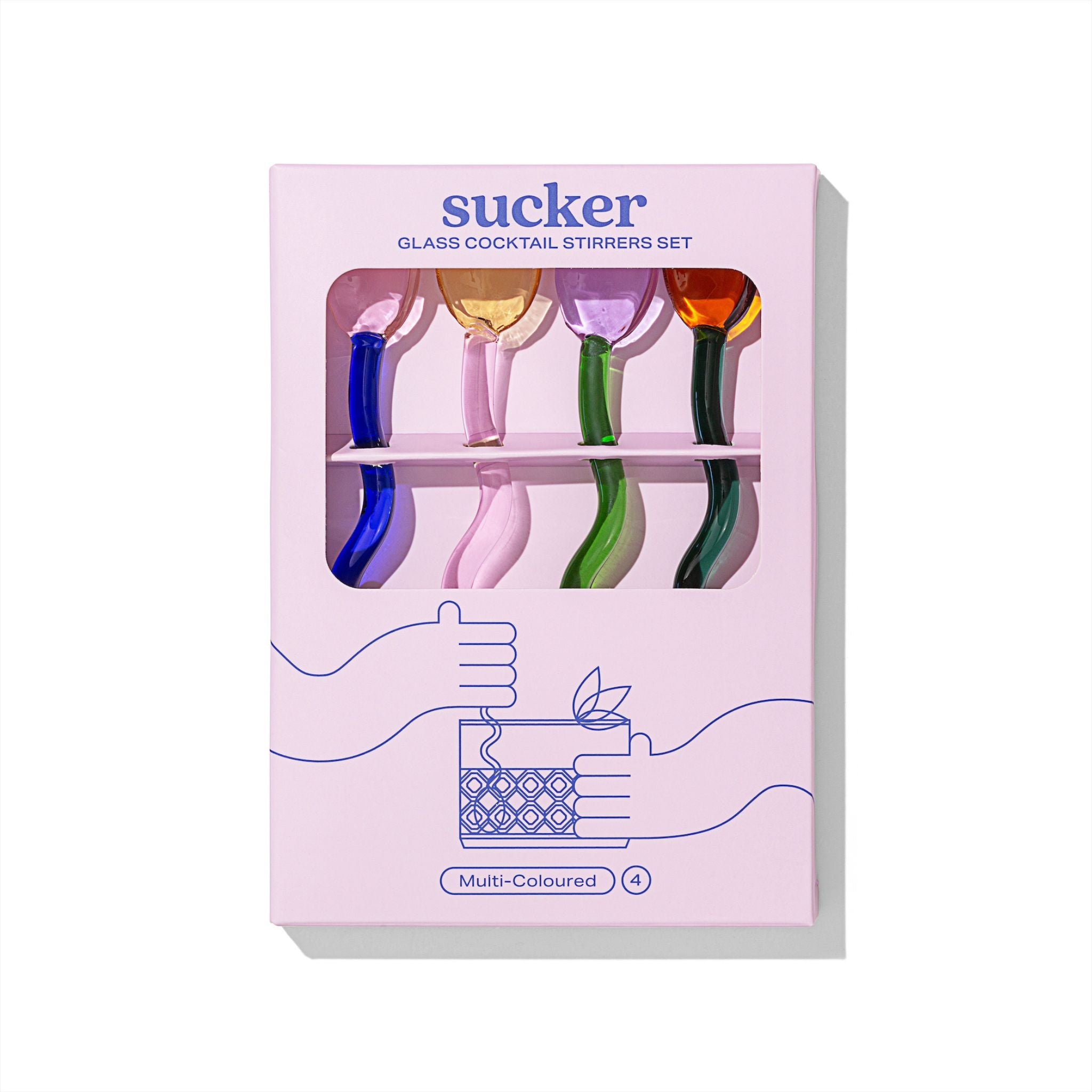 Set of glass cocktail stirrers in a 'sucker' branded box on a white background