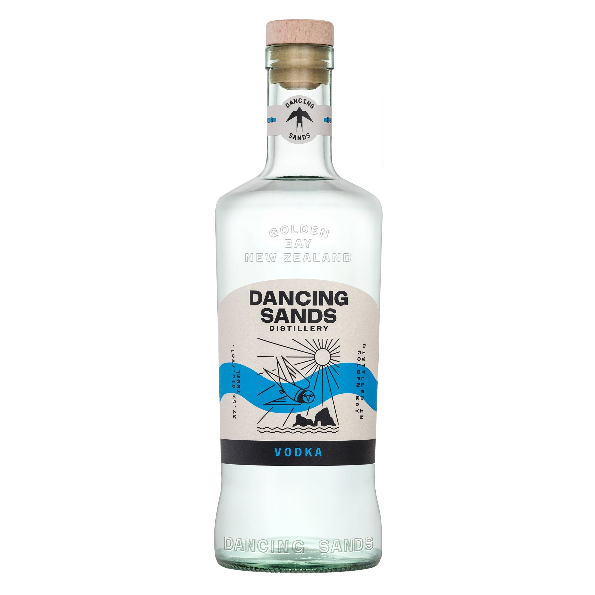 Bottle of Dancing Sands vodka on a white background